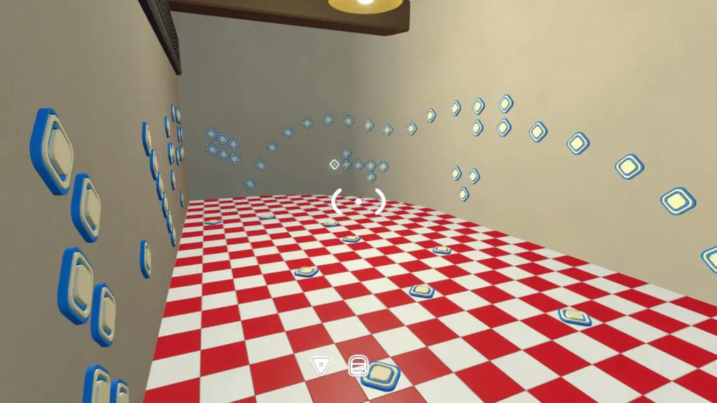 One button room has a checkerboard floor and many white outlined wall buttons