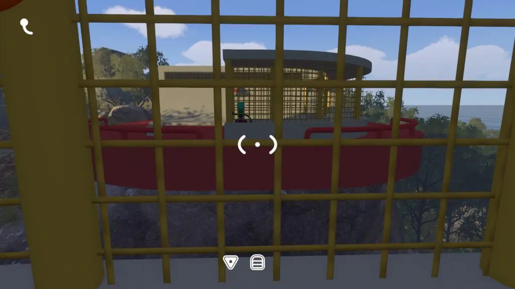 The opposite player is visible through the yellow communication cage across the cliff