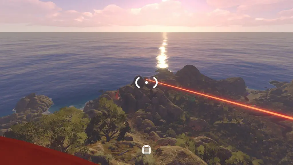 A red laser line points from a high route toward the coastal Channel 1 area