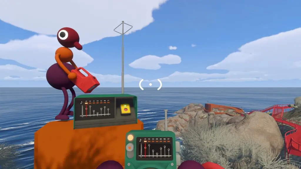 The Channel 1 full-sized radio and handheld radio on an orange coastal platform