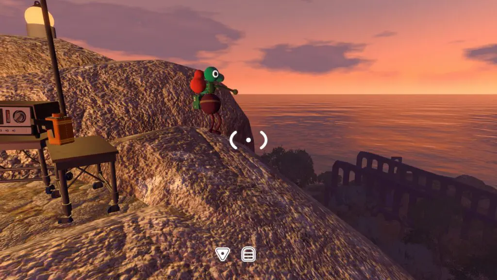 A fixed radio station stands on rocky ground above the far-south route at sunset