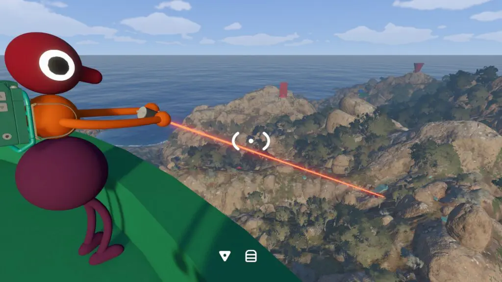 A player points from a high green route toward a distant pale-blue platform