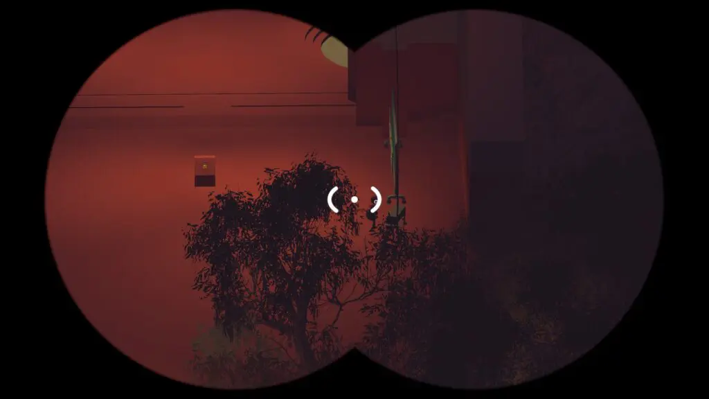 A fixed radio station is visible through binoculars on a distant red-lit structure