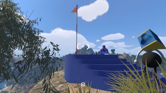 The Clifftop Golf destination, with blue steps and an orange flag on a platform at the cliff edge
