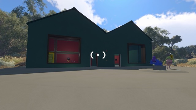 The dark green Warehouse puzzle building on a waterside ledge