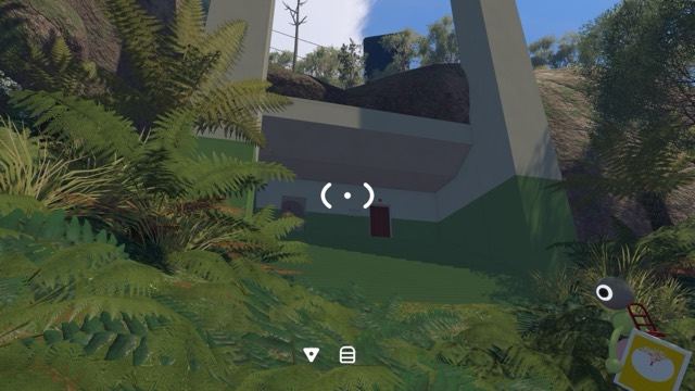 A green puzzle structure is embedded in the side of a cliff