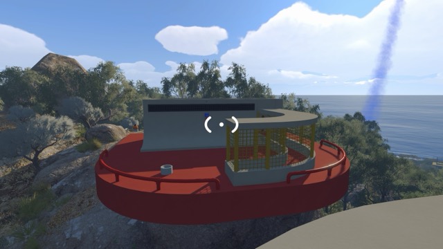 A circular Double Cliff puzzle building stands above the train tracks